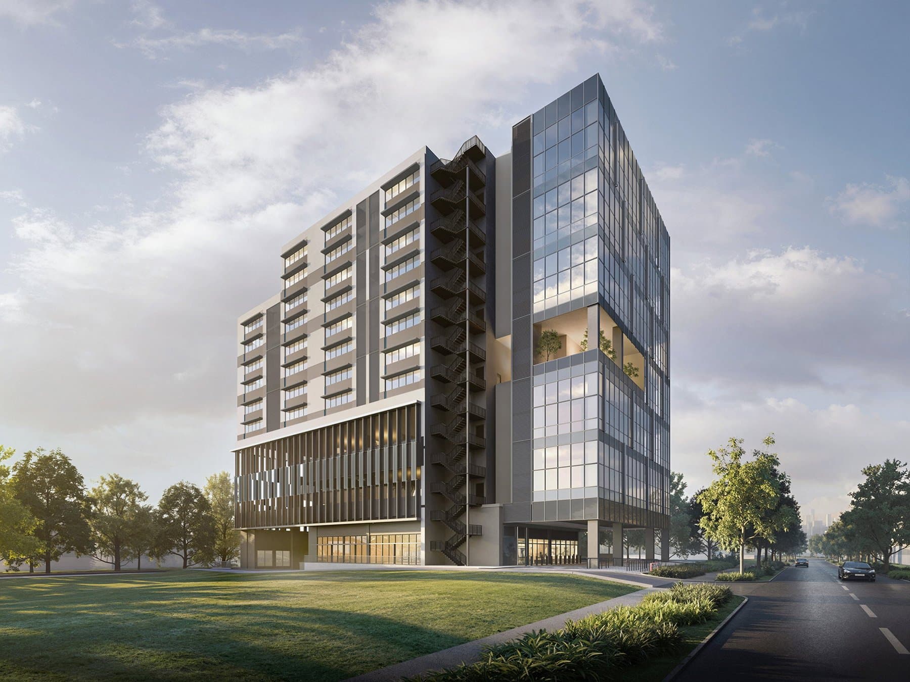 Artist's impression of Space Nova, a glass-fronted industrial building on New Industrial Road