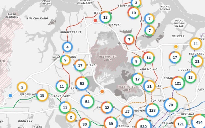 Map of Singapore with condos grouped into numbered circles coloured by grade