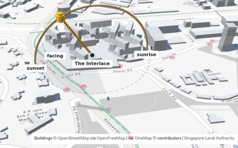 3D map of The Interlace with the sun’s path drawn as an arc from sunrise to sunset