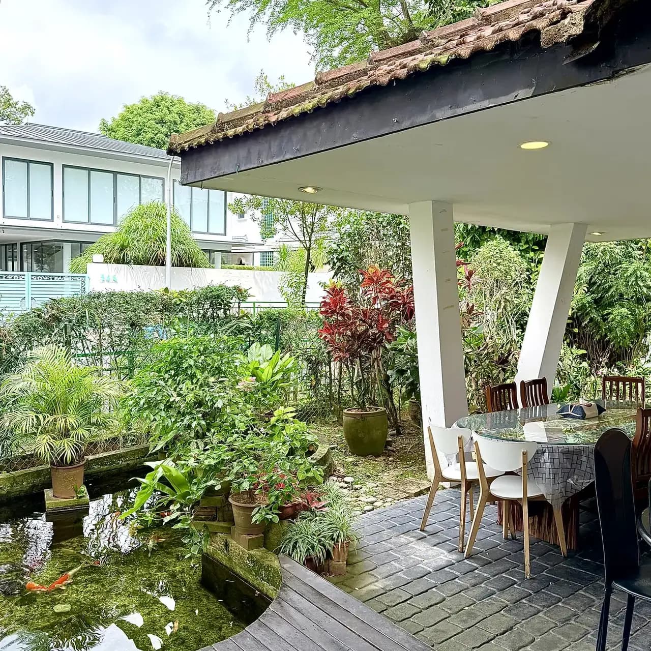 Covered patio by the pond
