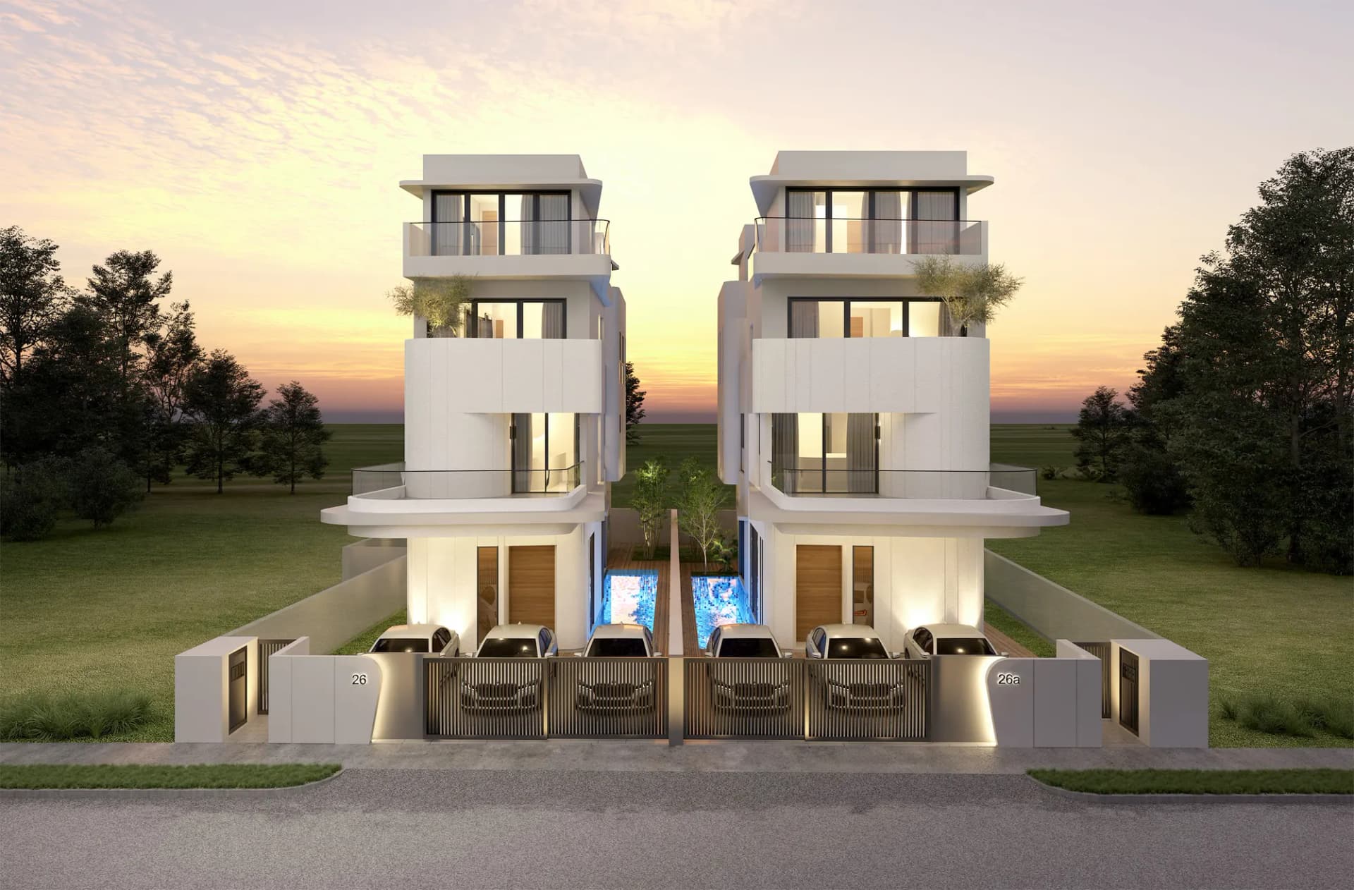 26A and 26C Siglap Road, a pair of new detached houses at dusk