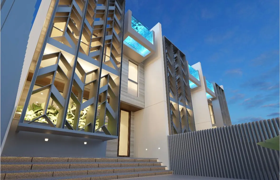 Chevron screens and rooftop pools from below