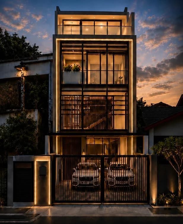 A new four-level terrace on Jalan Leban at dusk, with a glass and timber-screen facade