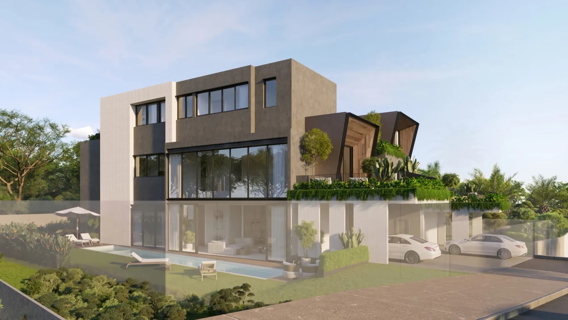 A new three-storey bungalow on Tan Boon Chong Avenue with a pool and a planted terrace