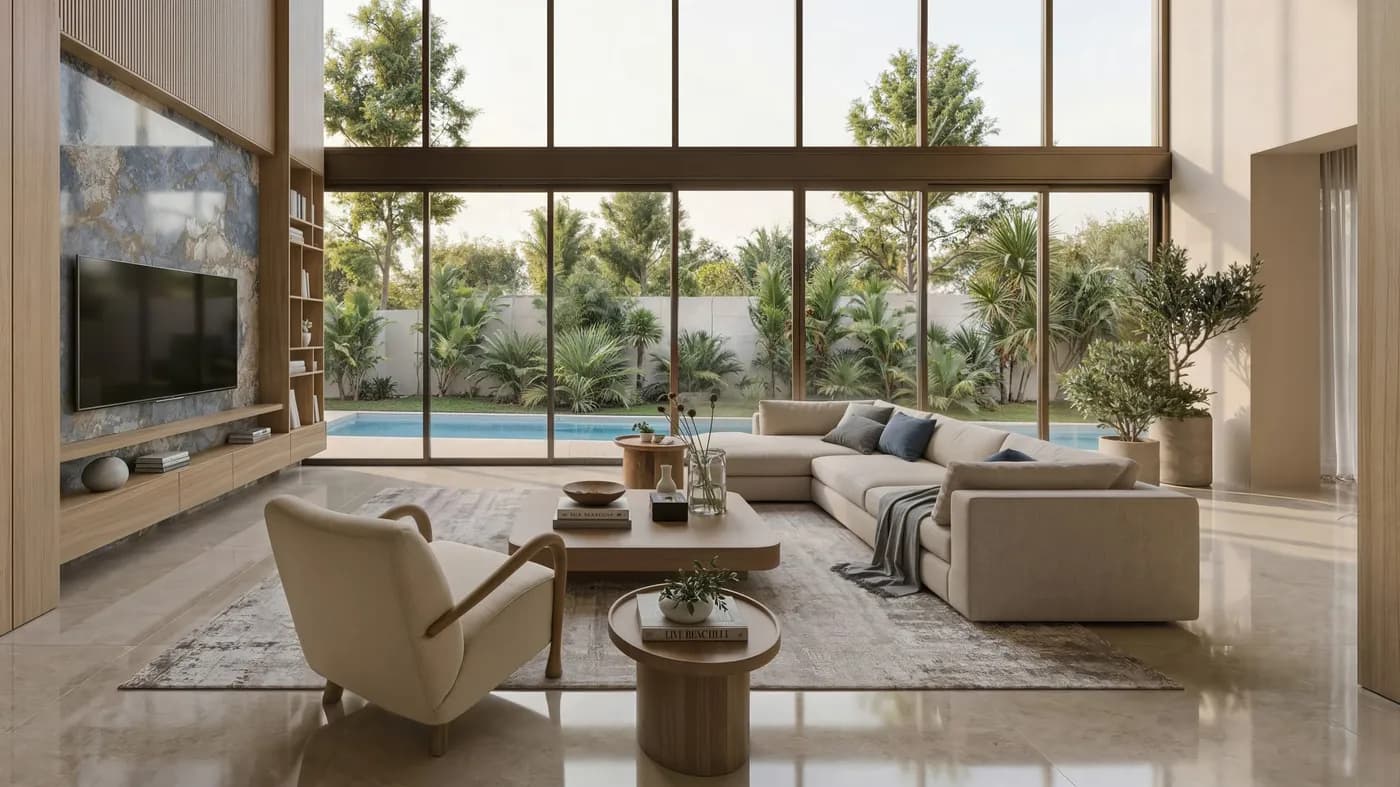 Double-volume living room opening to the pool, Tan Boon Chong Avenue