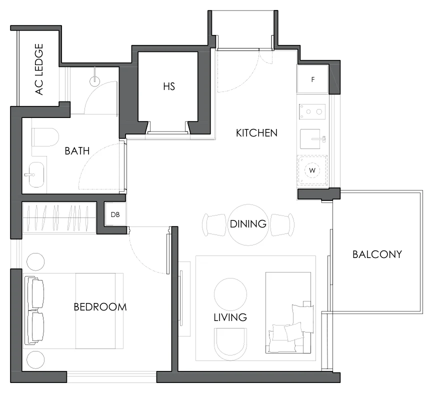 Floor plan of 10 Evelyn type A1a, 1-Bedroom, 506 sq ft