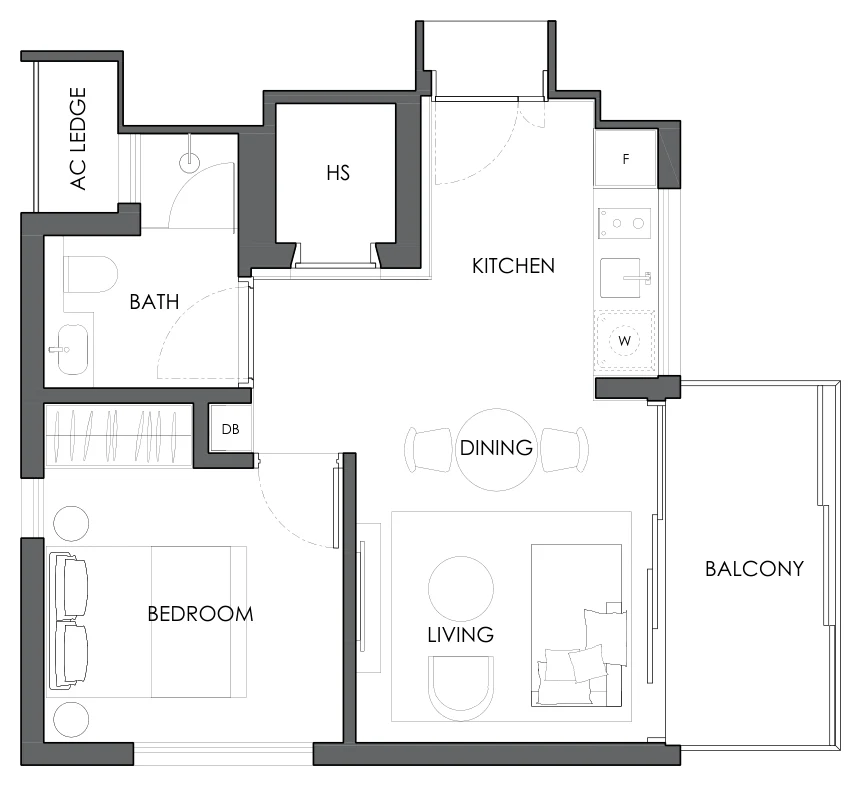 Floor plan of 10 Evelyn type A1b, 1-Bedroom, 527 sq ft