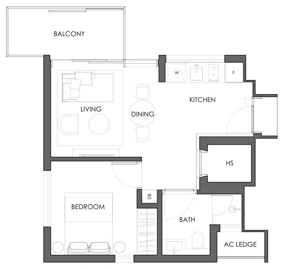 Floor plan of 10 Evelyn type A1c, 1-Bedroom, 527 sq ft