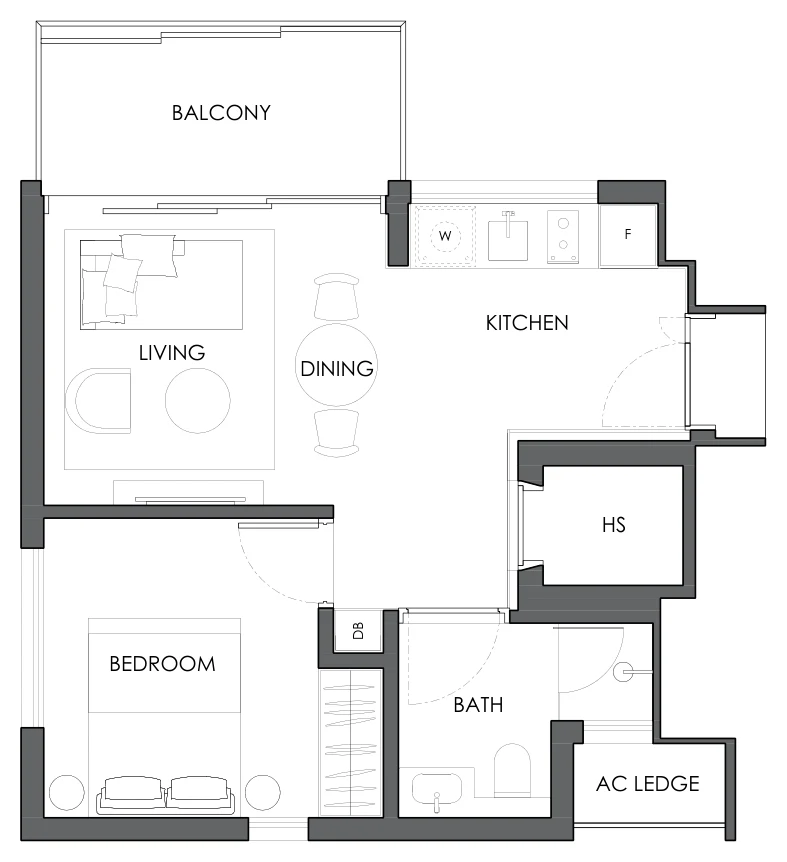 Floor plan of 10 Evelyn type A1d, 1-Bedroom, 527 sq ft
