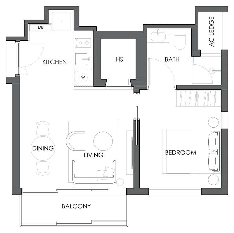Floor plan of 10 Evelyn type A2b, 1-Bedroom, 495 sq ft