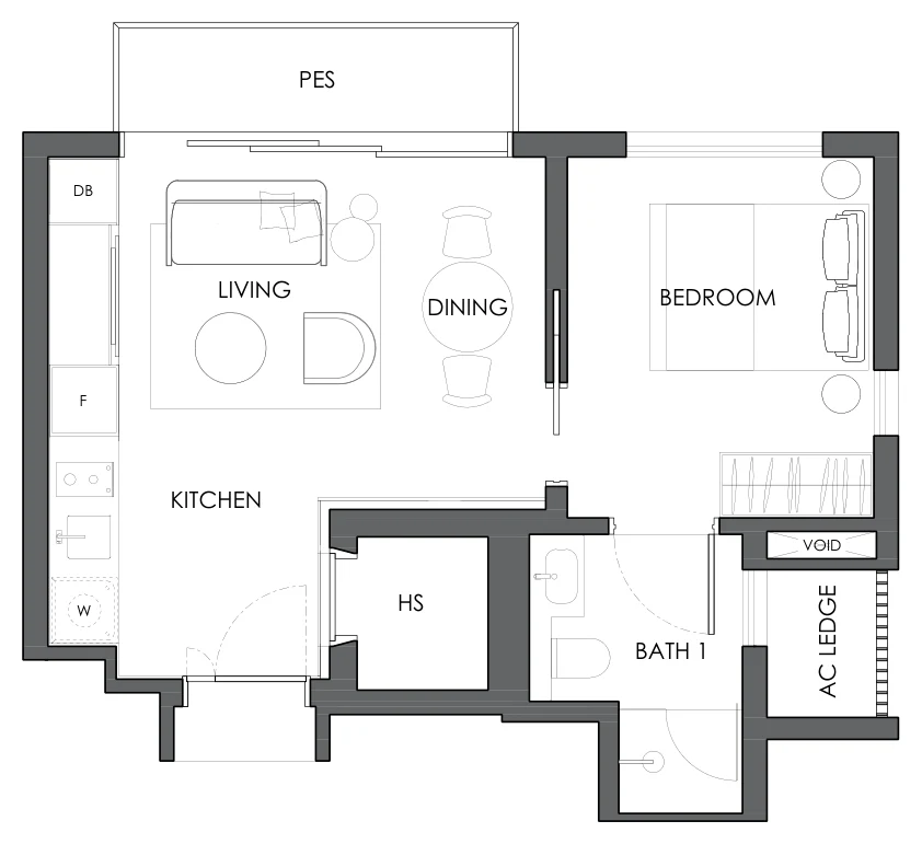 Floor plan of 10 Evelyn type A3a, 1-Bedroom, 495 sq ft
