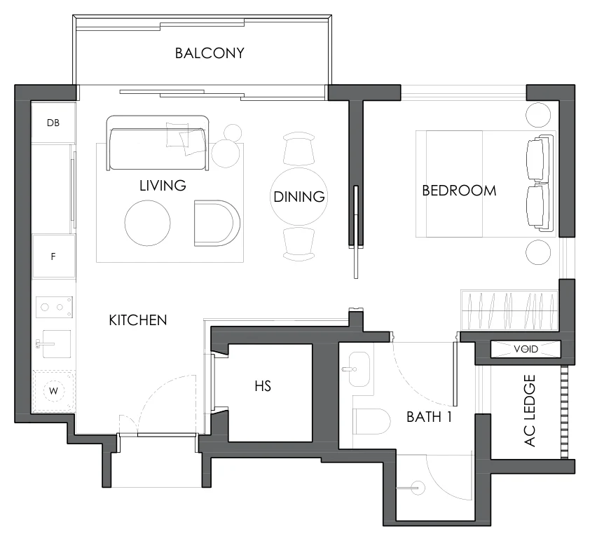 Floor plan of 10 Evelyn type A3b, 1-Bedroom, 495 sq ft