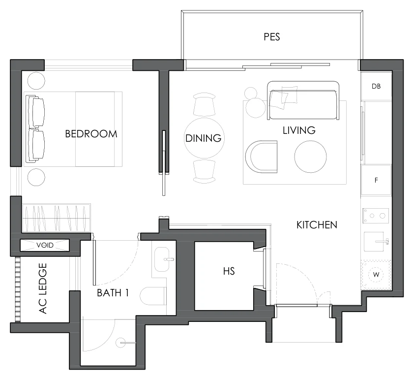 Floor plan of 10 Evelyn type A3c, 1-Bedroom, 495 sq ft