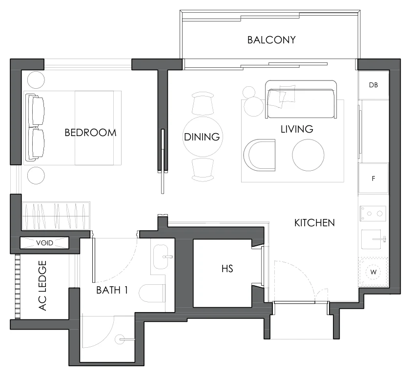 Floor plan of 10 Evelyn type A3d, 1-Bedroom, 495 sq ft