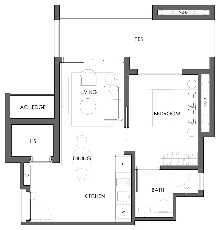 Floor plan of 10 Evelyn type A4, 1-Bedroom, 614 sq ft