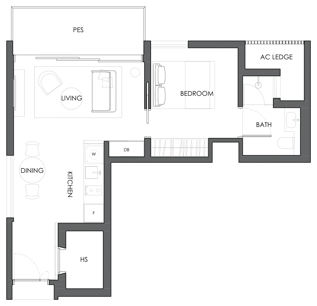 Floor plan of 10 Evelyn type A5, 1-Bedroom, 581 sq ft