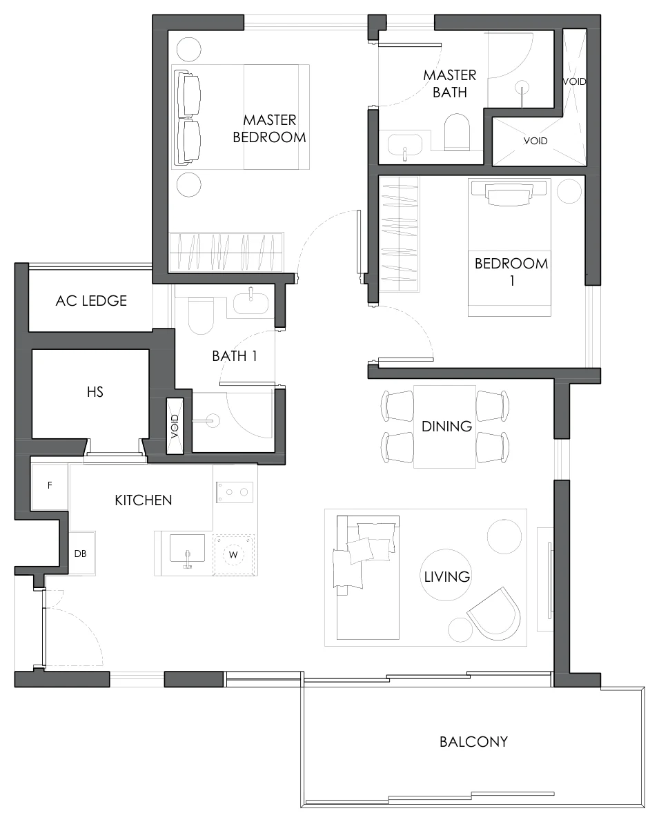 Floor plan of 10 Evelyn type B1b, 2-Bedroom, 829 sq ft
