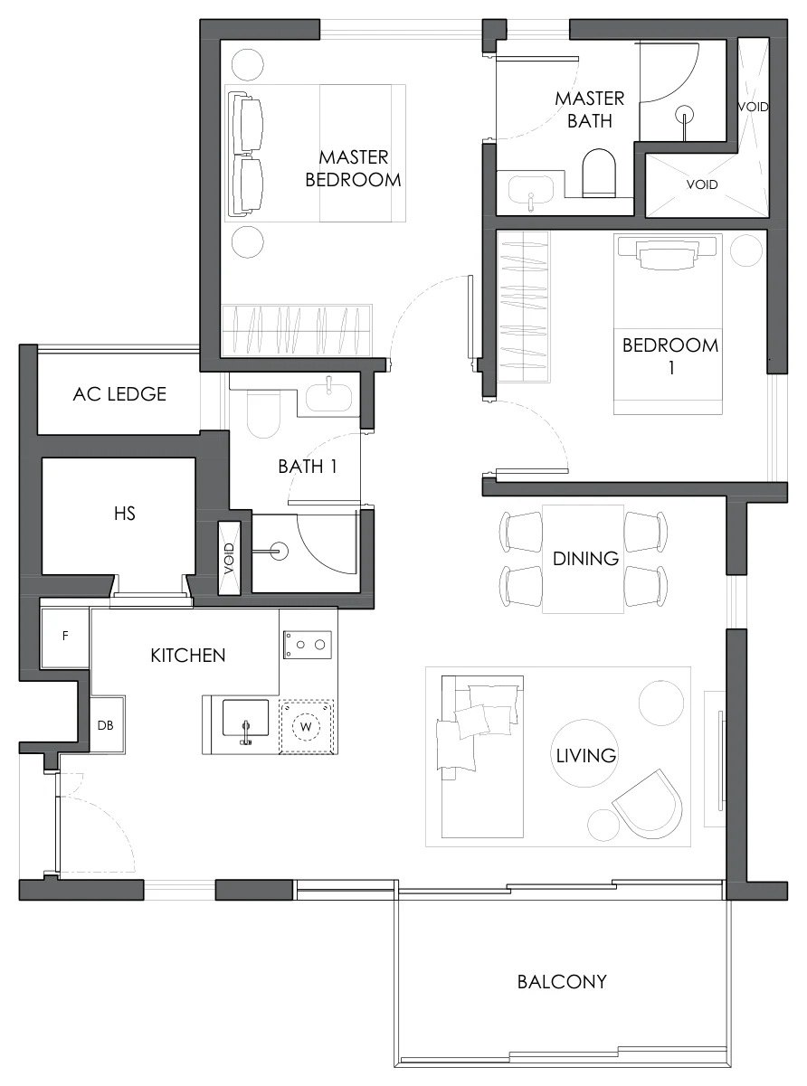 Floor plan of 10 Evelyn type B1c, 2-Bedroom, 807 sq ft
