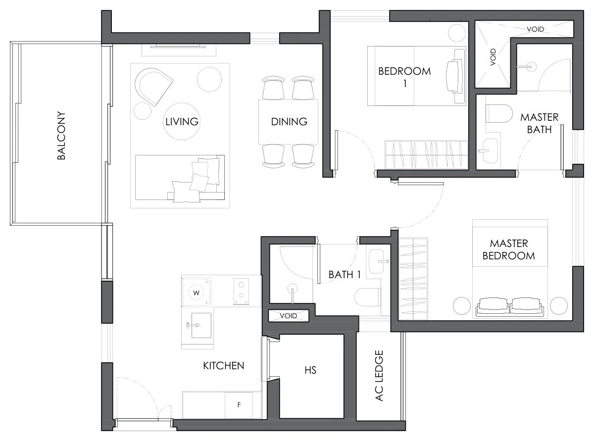 Floor plan of 10 Evelyn type B1d, 2-Bedroom, 807 sq ft