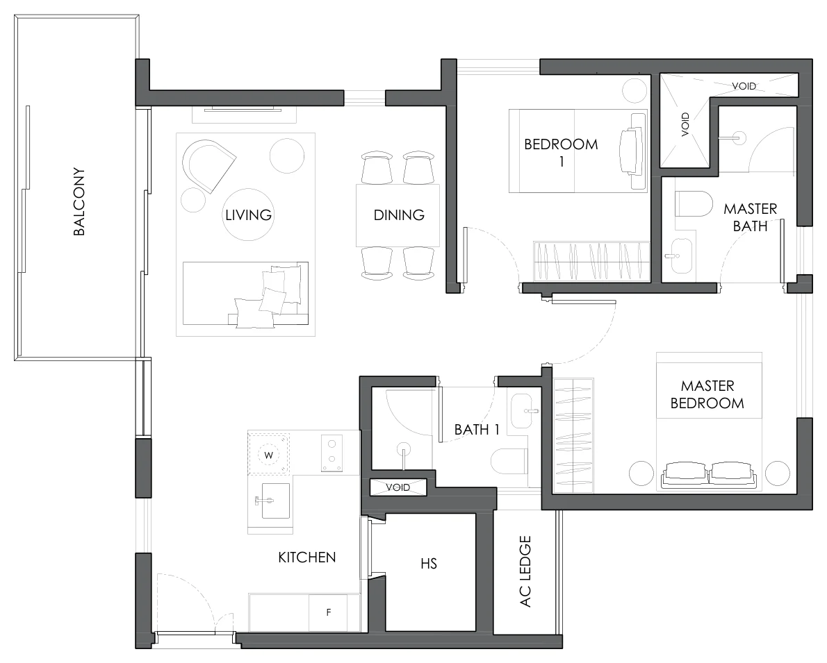 Floor plan of 10 Evelyn type B1e, 2-Bedroom, 829 sq ft