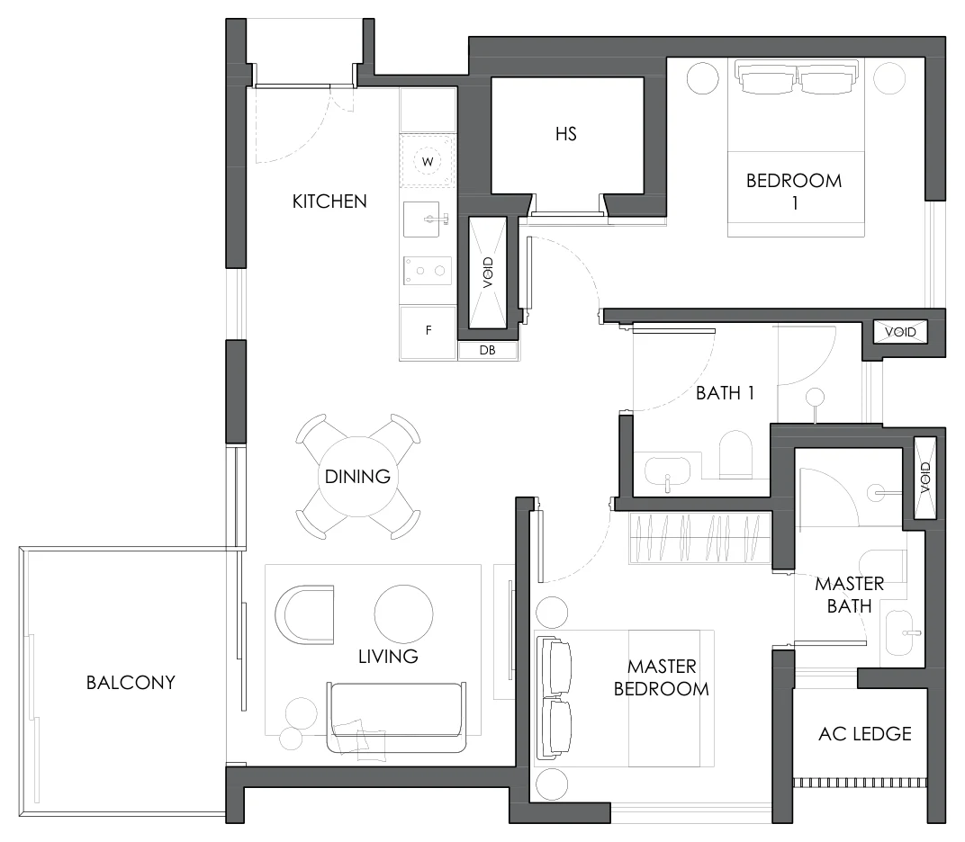 Floor plan of 10 Evelyn type B2b, 2-Bedroom, 753 sq ft