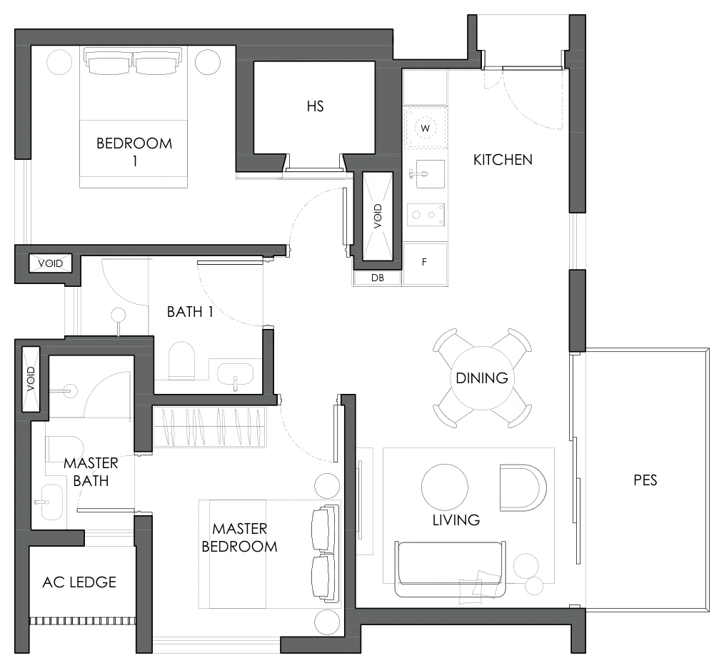 Floor plan of 10 Evelyn type B2d, 2-Bedroom, 743 sq ft