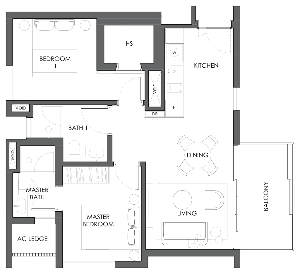 Floor plan of 10 Evelyn type B2e, 2-Bedroom, 753 sq ft