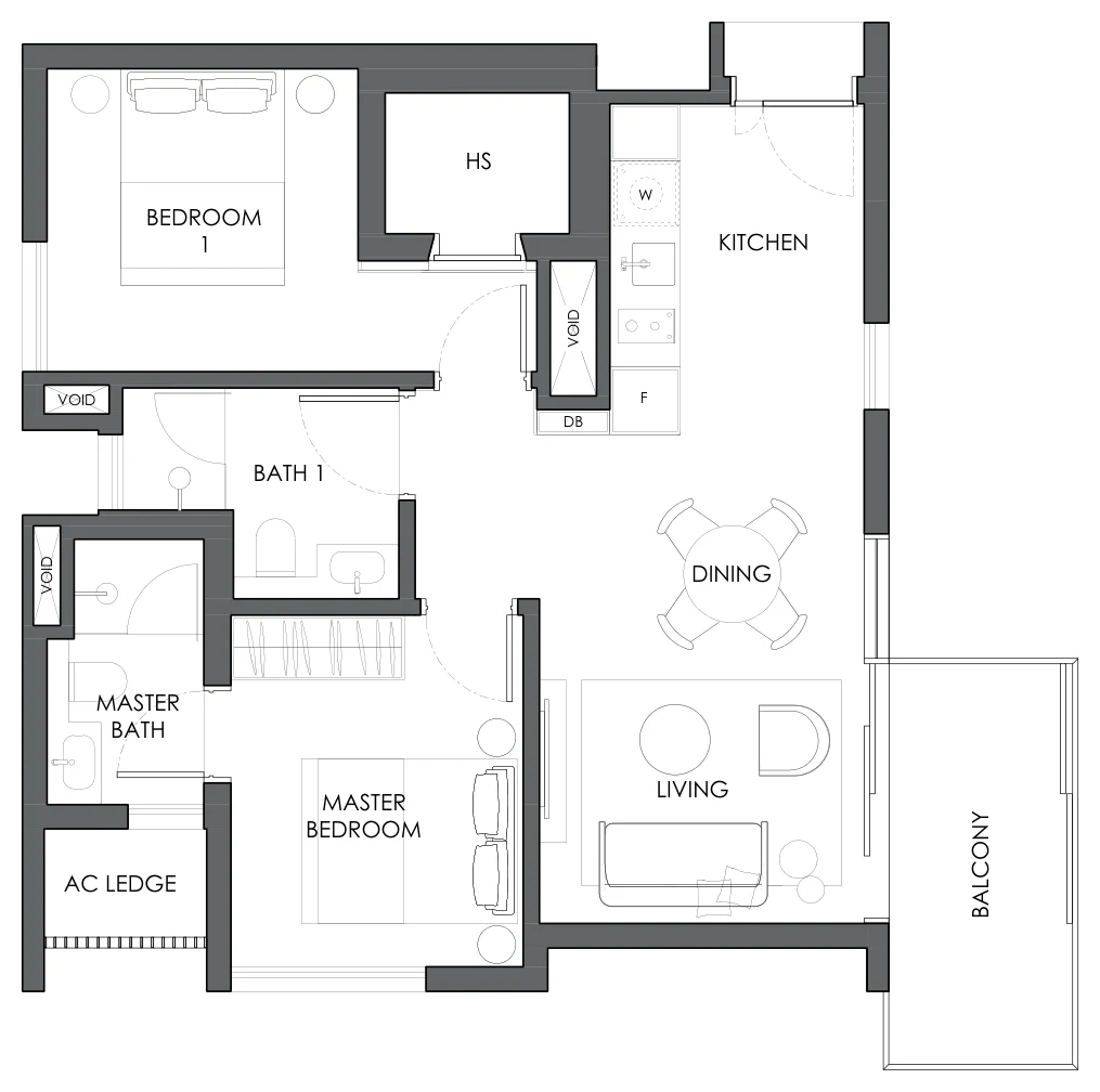 Floor plan of 10 Evelyn type B2f, 2-Bedroom, 743 sq ft
