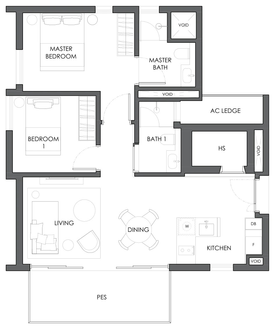 Floor plan of 10 Evelyn type B3a, 2-Bedroom, 807 sq ft