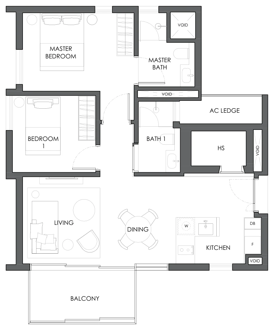 Floor plan of 10 Evelyn type B3b, 2-Bedroom, 797 sq ft