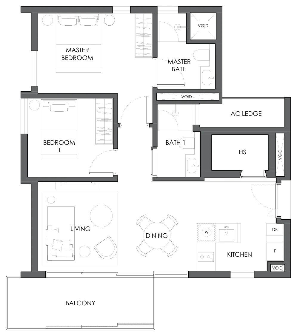 Floor plan of 10 Evelyn type B3c, 2-Bedroom, 818 sq ft
