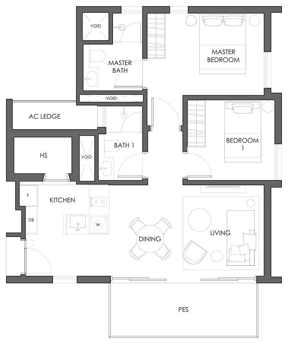 Floor plan of 10 Evelyn type B3d, 2-Bedroom, 818 sq ft
