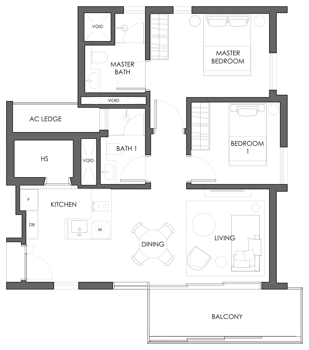 Floor plan of 10 Evelyn type B3e, 2-Bedroom, 807 sq ft