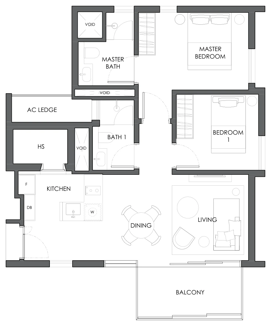 Floor plan of 10 Evelyn type B3f, 2-Bedroom, 797 sq ft