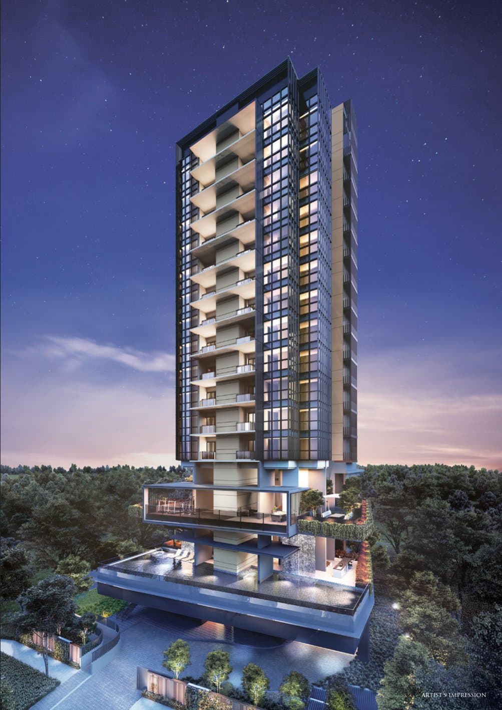 120 Grange: the slim 15-storey tower at dusk above its pool deck