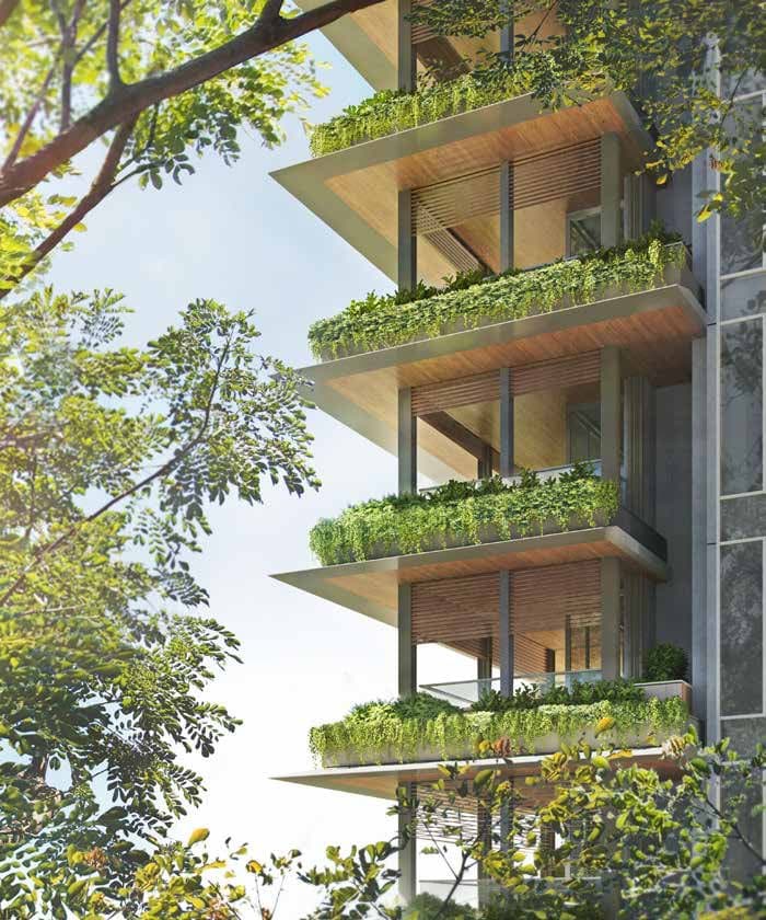 15 Holland Hill: the tower facade with its deep planted balconies among the trees