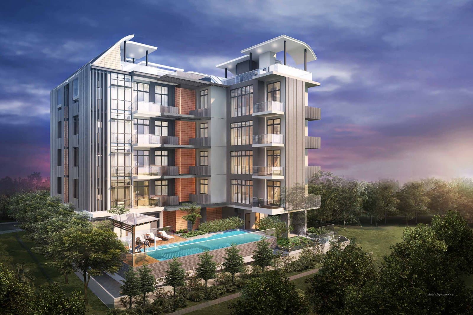 38 Jervois: the five-storey block with its roof terraces and pool at dusk