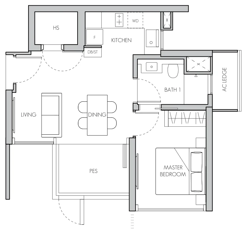 Floor plan of 8@BT type A1(p), 1-Bedroom, 592 sq ft