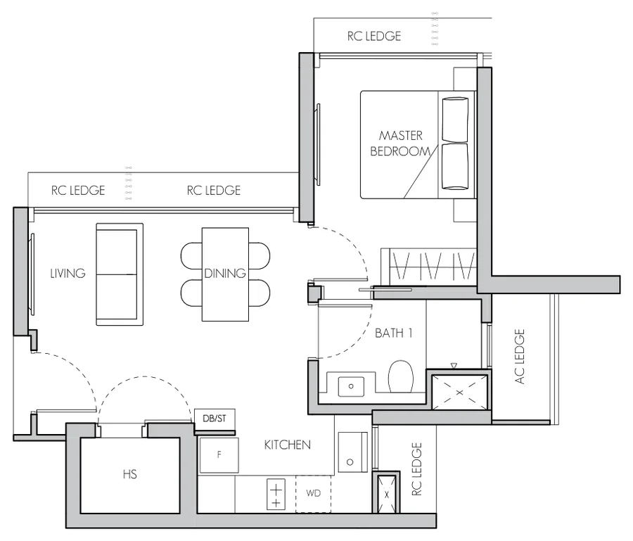 Floor plan of 8@BT type A2, 1-Bedroom, 517 sq ft