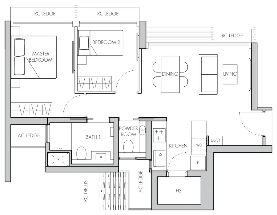 Floor plan of 8@BT type B2, 2-Bedroom, 732 sq ft