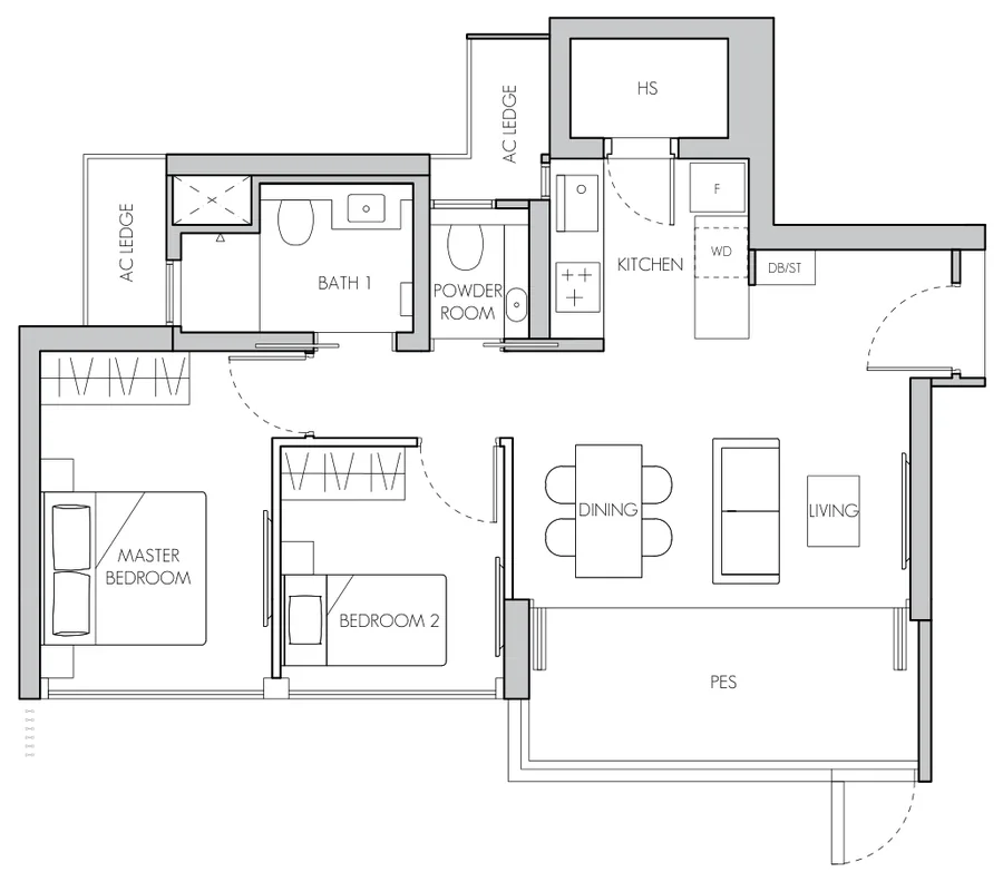 Floor plan of 8@BT type B3(p), 2-Bedroom, 829 sq ft