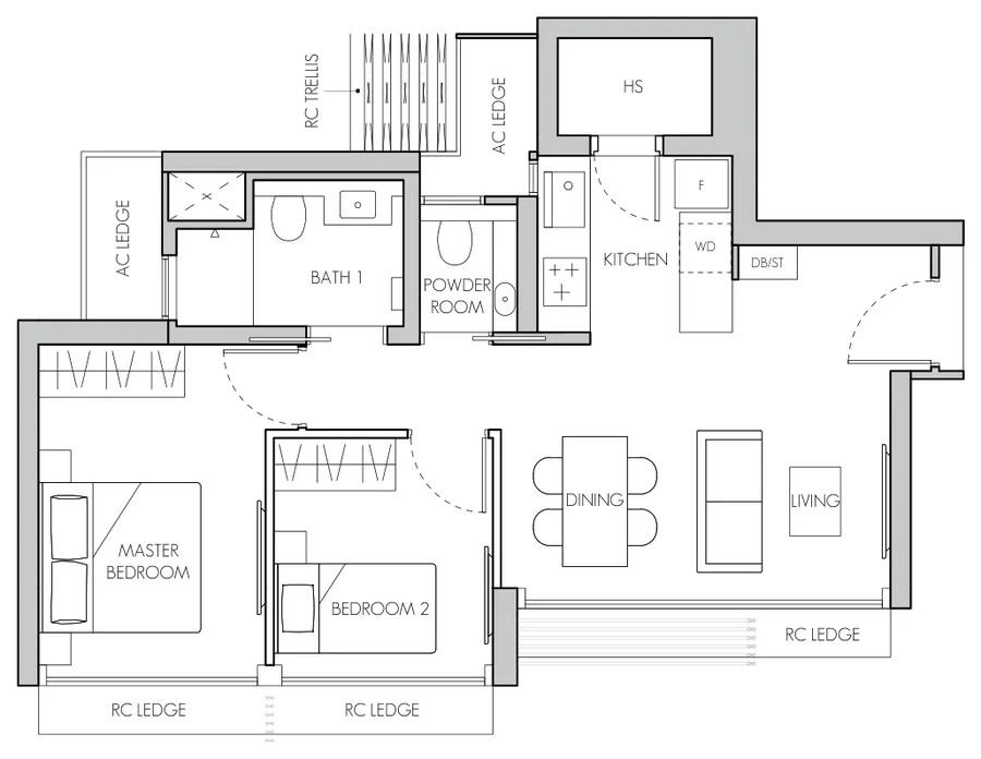 Floor plan of 8@BT type B3, 2-Bedroom, 732 sq ft