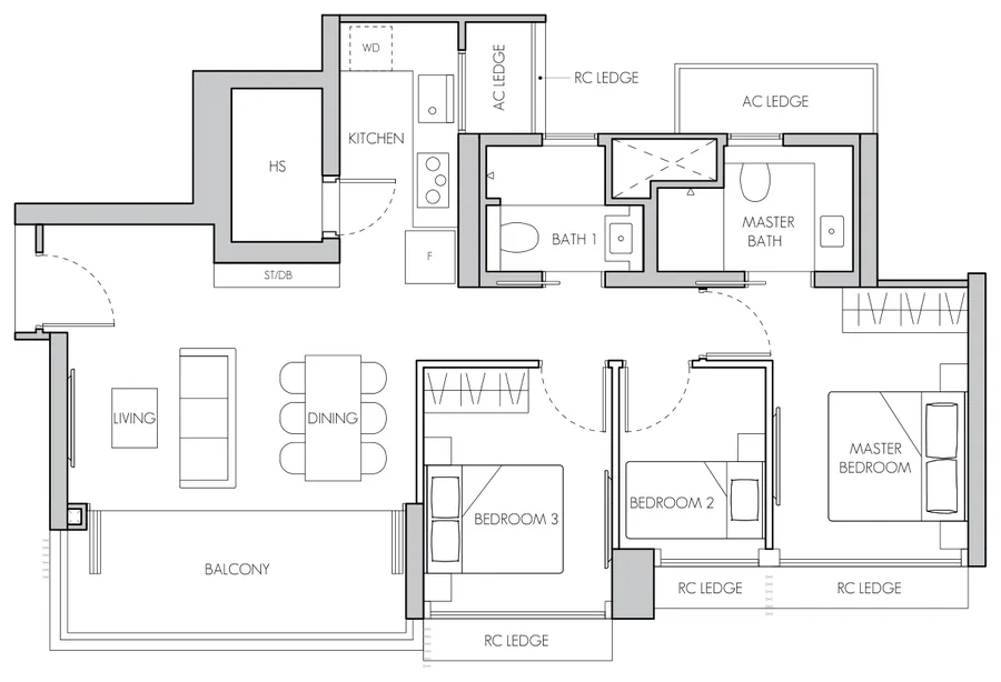 Floor plan of 8@BT type C1, 3-Bedroom, 1,001 sq ft