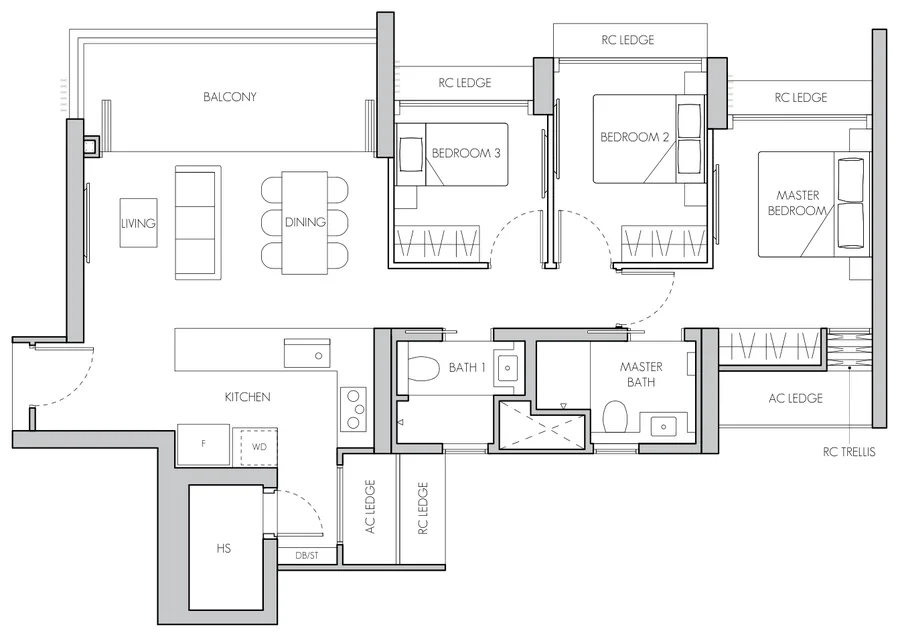 Floor plan of 8@BT type C2, 3-Bedroom, 1,109 sq ft