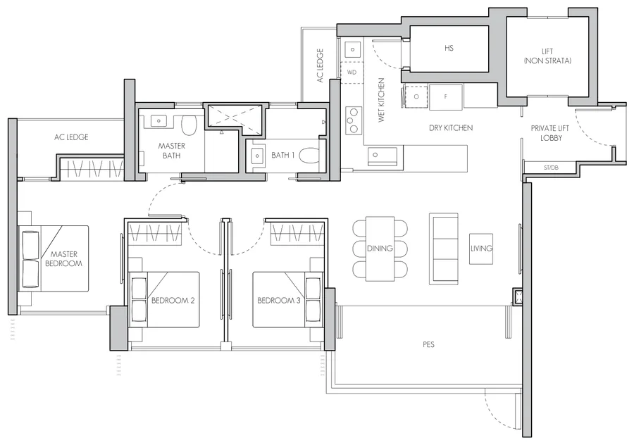 Floor plan of 8@BT type C4(p), 3-Bedroom, 1,270 sq ft