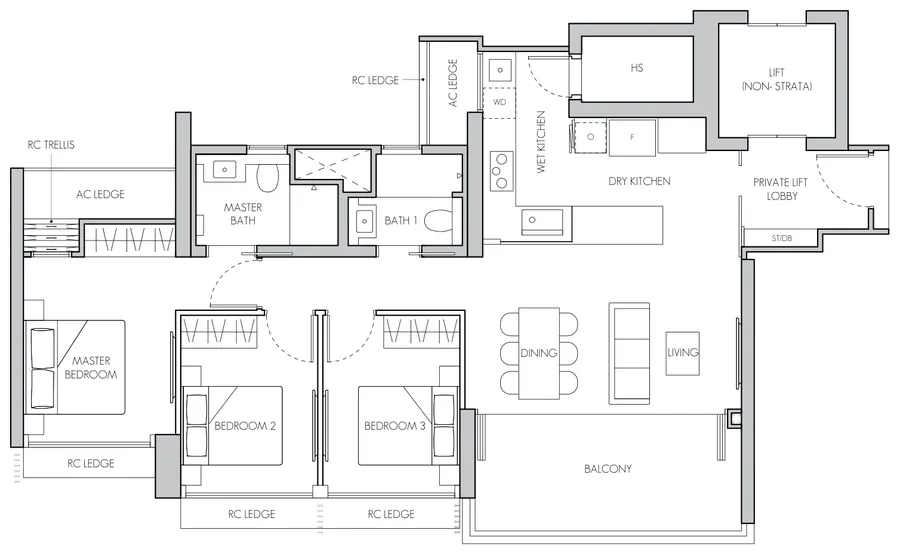 Floor plan of 8@BT type C4, 3-Bedroom, 1,238 sq ft