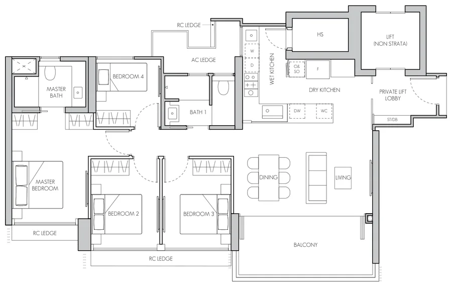 Floor plan of 8@BT type D1, 4-Bedroom, 1,356 sq ft