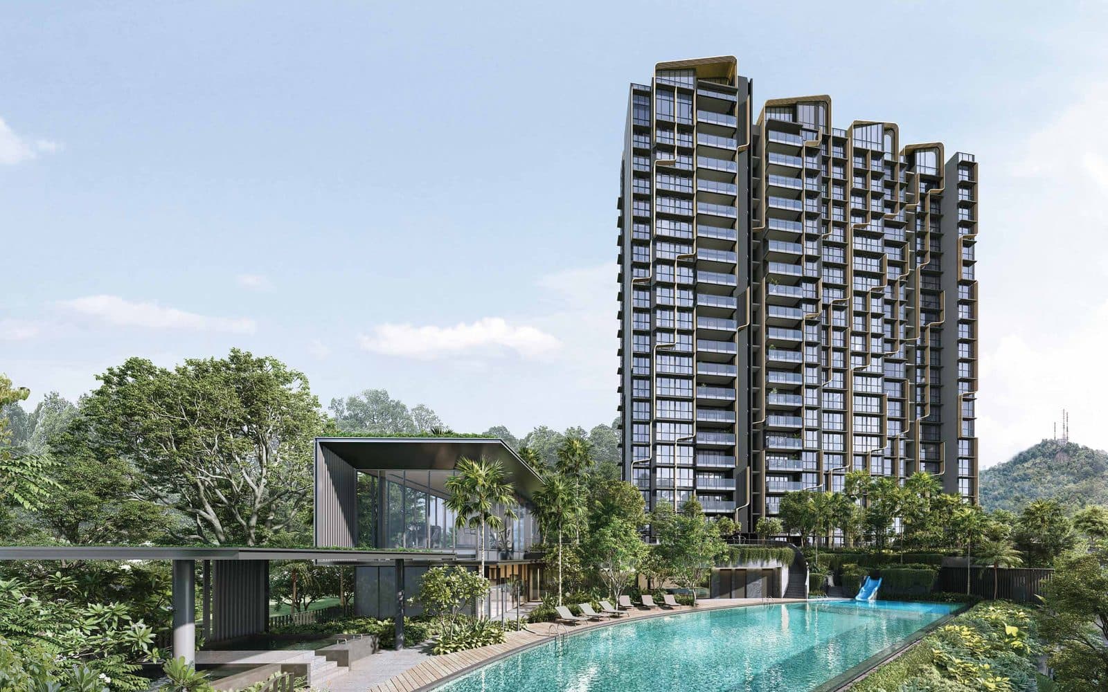 Artist's impression of 8@BT: two 20-storey towers above the Quarry Pool and the clubhouse, with Bukit Timah Hill behind