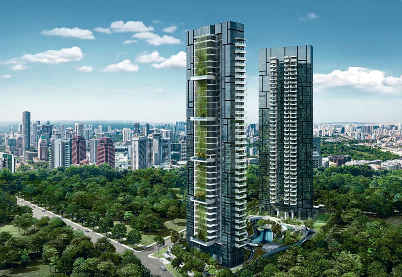 8 St Thomas: the two glass towers rising above the trees off River Valley Road