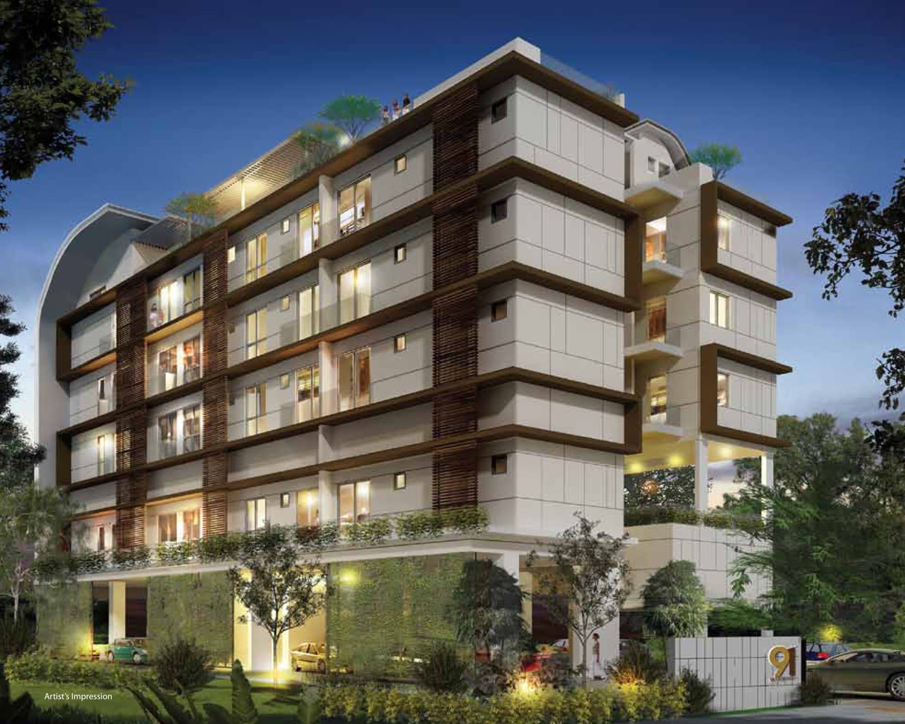 91 Marshall: the five-storey block with its attic penthouses on Marshall Road